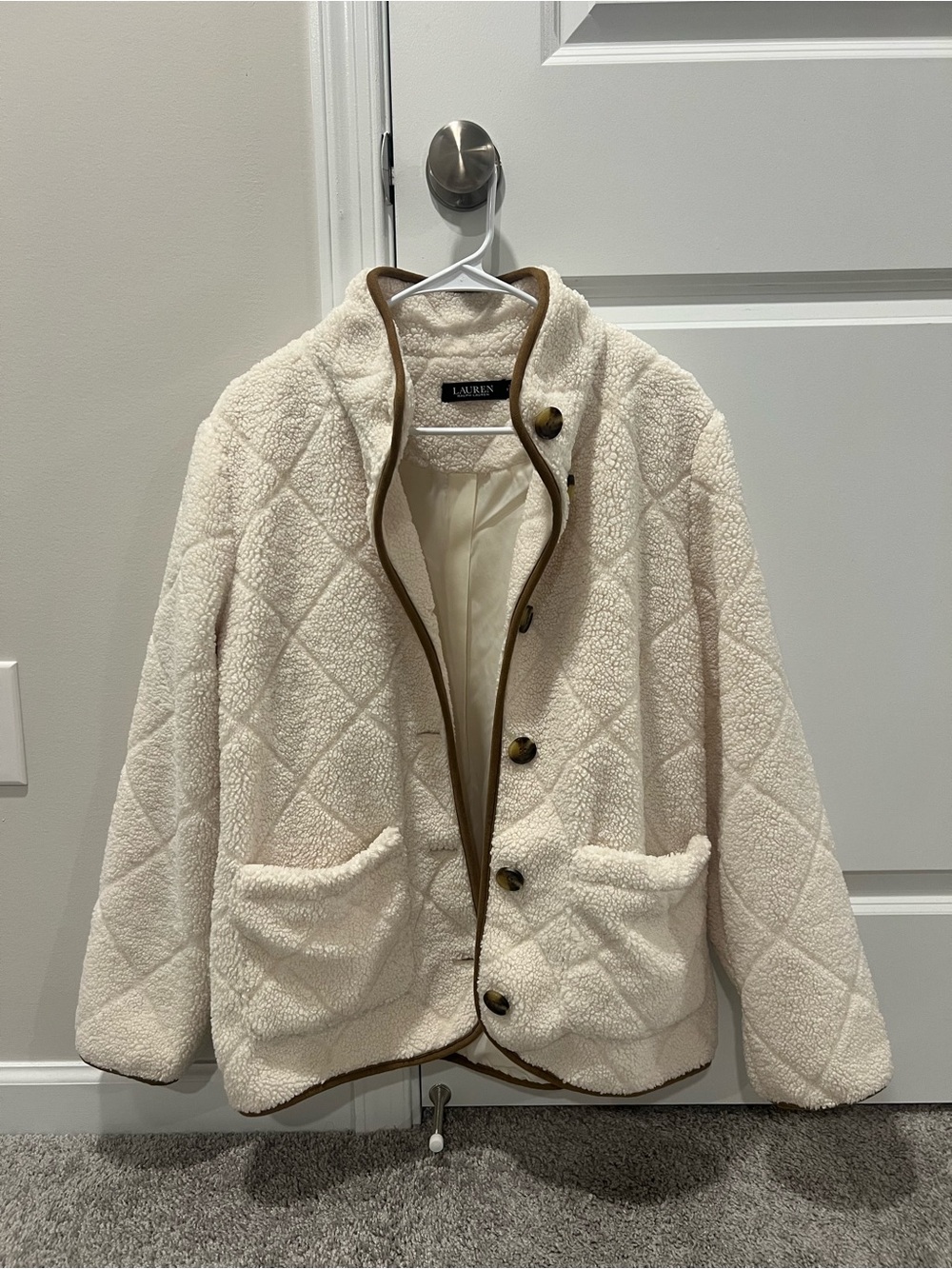 Ralph Lauren Cream Quilted Teddy Sherpa Jacket with Tan Trim